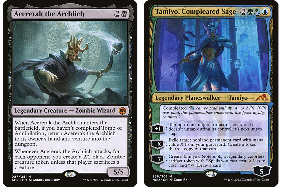 Images of Magic cards: Acererak the Archlich and Tamiyo, Compleated Sage