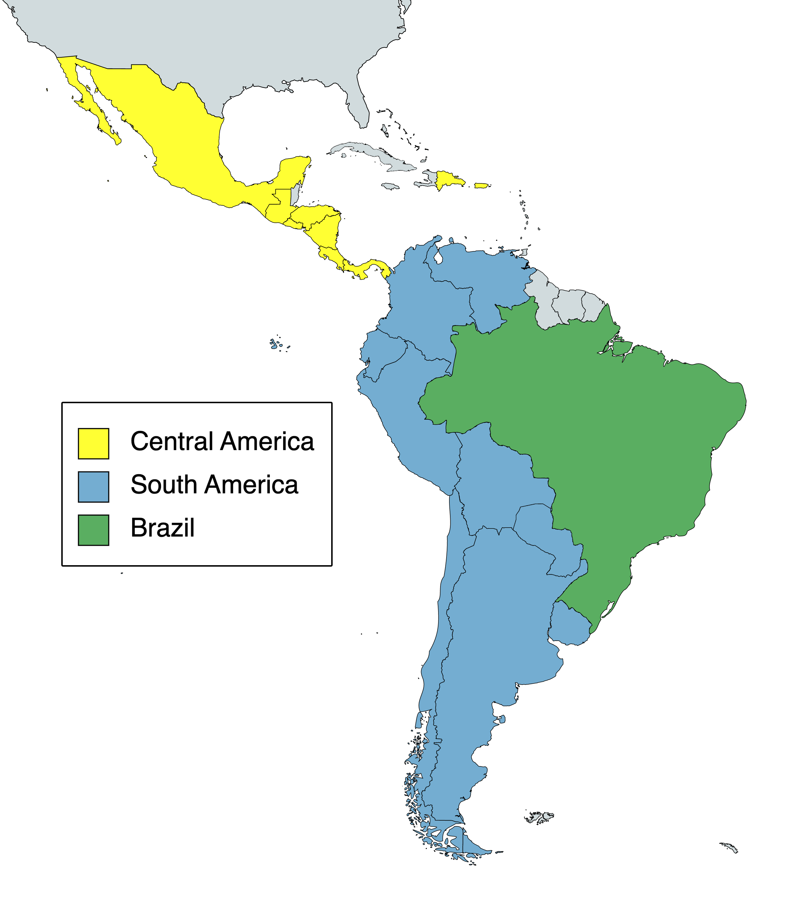Map of 2023 Magic judge regions: Central America, South America, Brazil