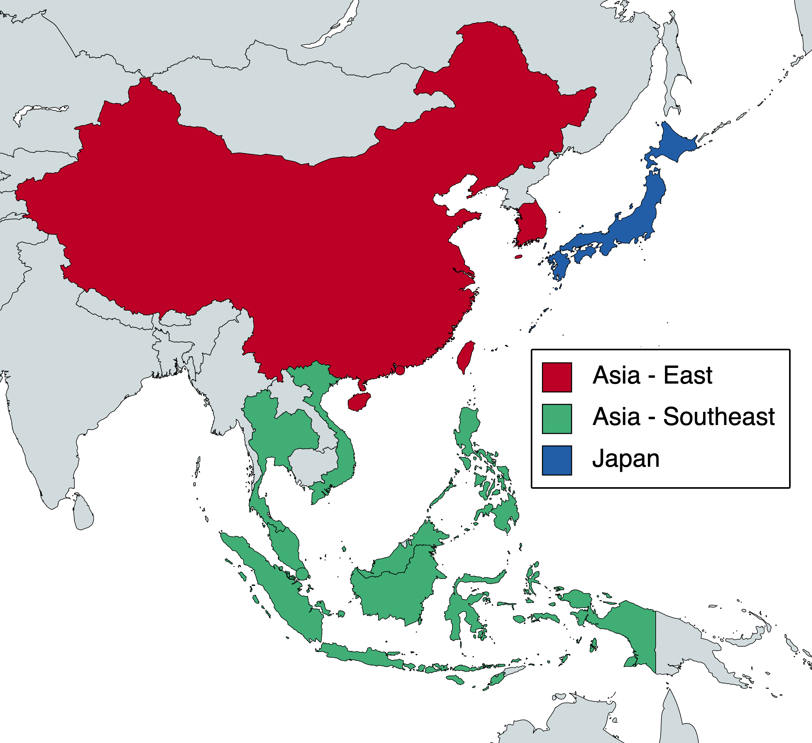 Map of 2023 Magic judge regions: Asia East, Asia Southeast, Japan